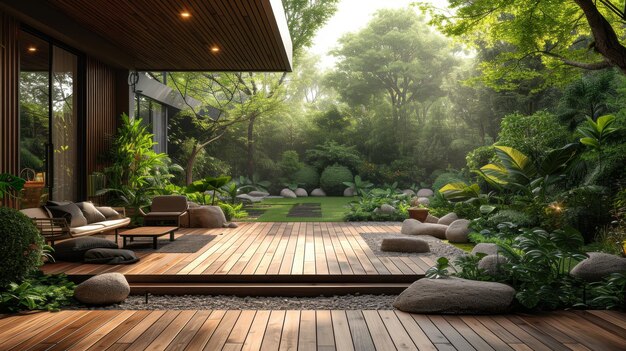 Het prachtige houten terras, omringd door groen, is een prachtige plek om een warme zomerdag door te brengen.