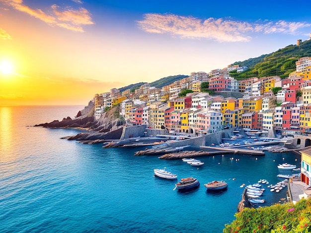 Het prachtige panoramische uitzicht op Riomaggiore in de zon in de zomer AI_Generated