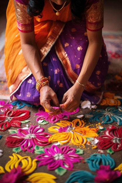 Foto het proces van het maken van rangoli ontwerpen