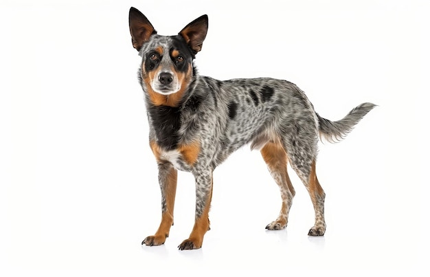 Het profiel van een Australische Cattle Dog staat en toont zijn sterke bouw en gevlekte vacht. Zijn gefocuste blik weerspiegelt de herdersinstincten van het ras.