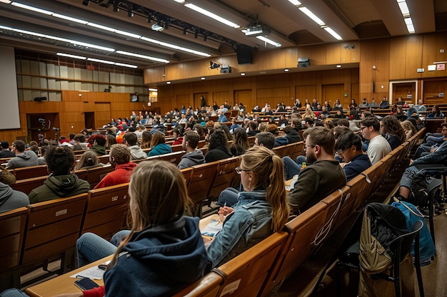 Het publiek luistert aandachtig naar een openbare lezing met AI gegenereerd