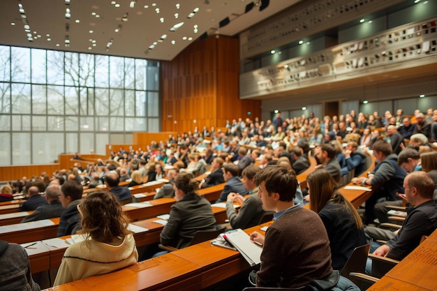 Het publiek luistert aandachtig naar een openbare lezing met AI gegenereerd