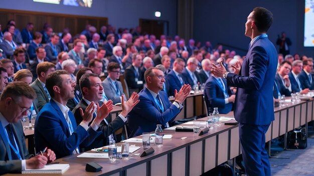 Foto het publiek luistert naar sprekers op het podium in de conferentiezaal