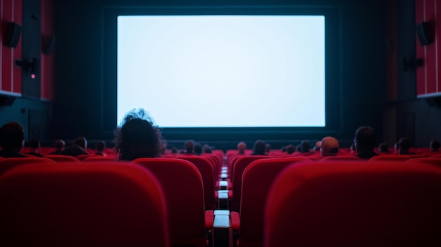 Het publiek zit in rode stoelen tegenover een leeg breed bioscoopscherm, verdiept in verwachting. De zwak verlichte zaal vormt het toneel voor een meeslepende filmervaring.