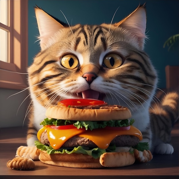 Het Purrfect Feast Blije kat en haar burger