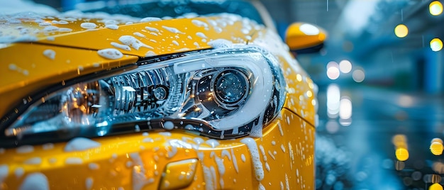 Het reinigen van een gele koplamp van een auto met schuim bij een carwash Concept Car Maintenance Headlight Restoration Reinigingstechnieken Schuim Car Wash Voertuig Detailing