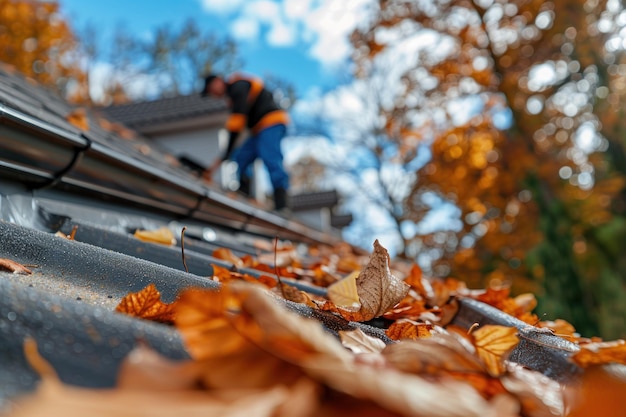 Foto het reinigen van het dak en de goot van gevallen herfstbladeren een man reinigt de goot op het dak van zijn huis