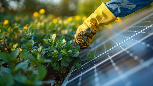 Het reinigen van zonnepanelen die in de natuur zijn geïnstalleerd met behulp van een beschermende handschoen Ecologische energie