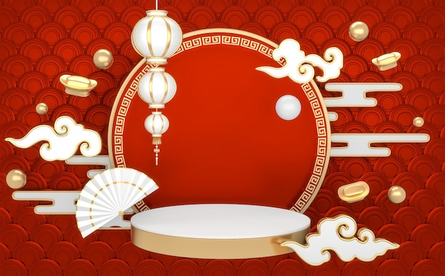 Het rode Japanse podium toont cosmetische product geometrische japan style.3D renderingD