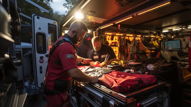 Foto het rollen van de ambulancebrancard is een paramedicus