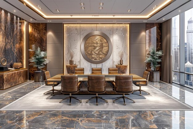 Het ruime en lichte kantoor van de voorzitter heeft een eenvoudige en moderne decoratie in professionele stijl.