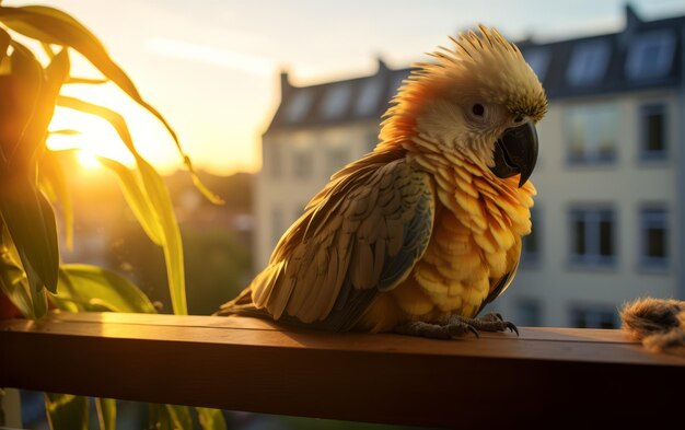 Het rustige moment van een papegaai onder de avondhemel