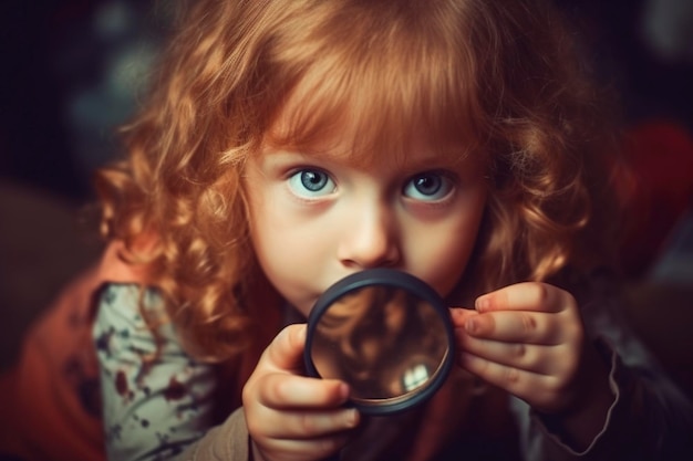 Het schattige kleine meisje gluurt door haar vergrootglas en ontrafelt mysteries rond gegenereerde Ai