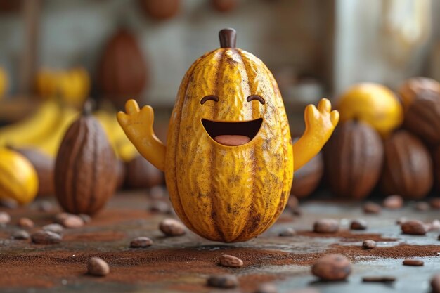 Het schattige personage van de lachende cartoon cacaobonen zwaait met zijn handen en begroet 3d illustratie