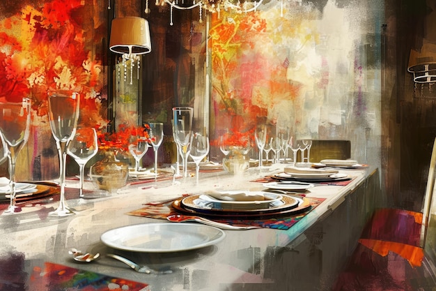 Foto het schilderij toont een eettafel versierd met zorgvuldig gerangschikte plaatsinstellingen kunstzinnige weergave van een heerlijke diner met saffron spice ai gegenereerd