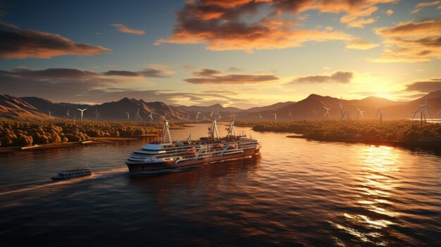 Het schip vaart tussen de eilanden bij de stad bij zonsondergang naar de windturbine om het te repareren