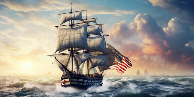 Het schip van Christopher Columbus midden op zee en de Amerikaanse vlag AI gegenereerd