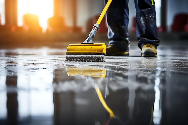 Het schoonmaken van de vloer met een bezem Het schoonmaakconcept