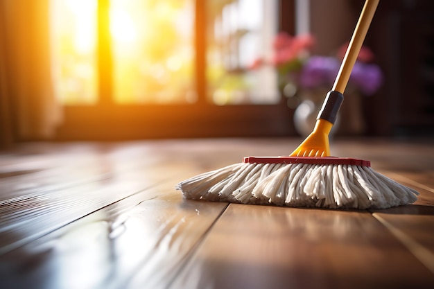 Het schoonmaken van de vloer met een mop Huiswerk concept