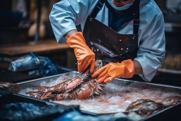 Foto het schoonmaken van zeevruchten in de keuken