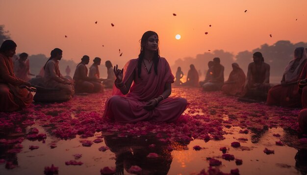 Het serene moment van de zonsopgang tijdens Holi met mensen die hun feesten beginnen.