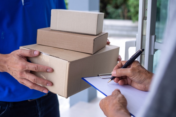 Foto het shoppermeisje tekent op het klembord om de pakketdoos van de bezorger te ontvangen. snelle bezorgservice