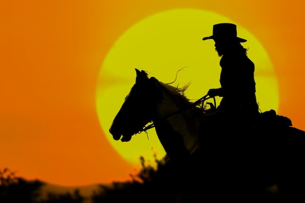 Het silhouet van de cowboy en de ondergaande zon