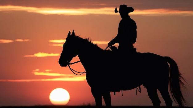 Foto het silhouet van de cowboy op de ondergaande zon.