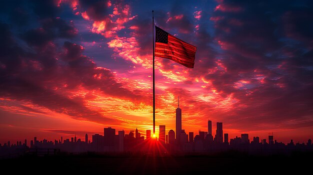 Het silhouet van de skyline van New York City tegen een levendige zonsondergang hemel AI genereren illustratie
