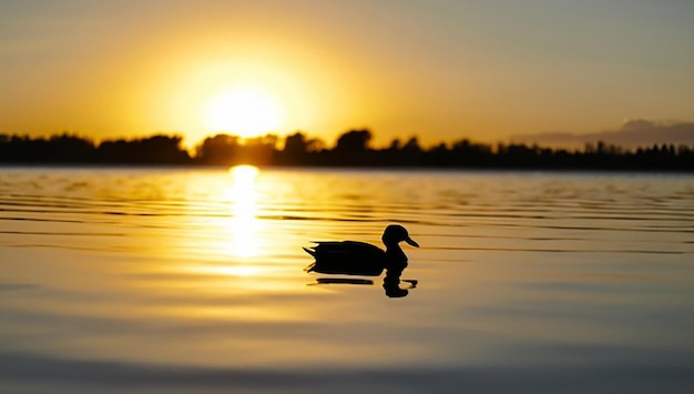 Het silhouet van een eend in een water bij het landschapsontwerp bij zonsondergang