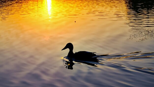Foto het silhouet van een eend in een water bij het landschapsontwerp bij zonsondergang