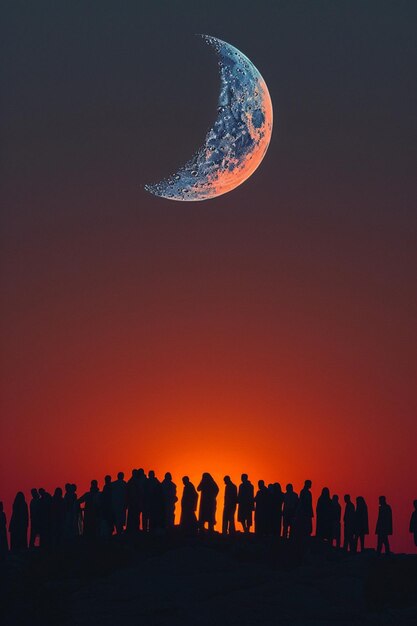 Foto het silhouet van een gemeenschap verzameld onder een halve maan om het einde van de ramadan te vieren