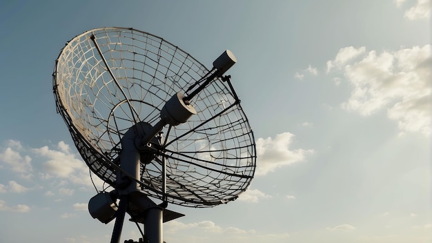 Het silhouet van een gigantische radiotelescoop in de schemering