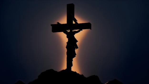 Het silhouet van een kruis met de zon erachter