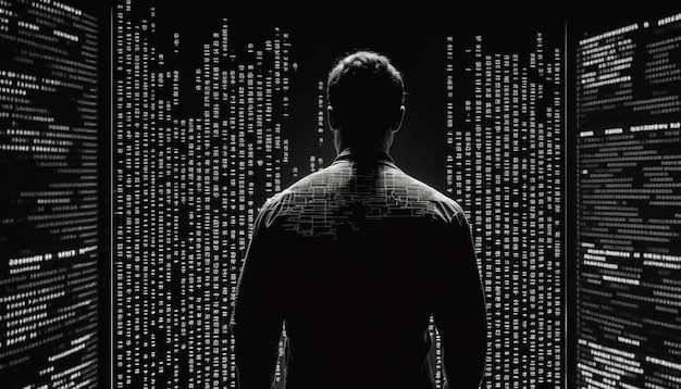 Het silhouet van een man in een computermatrix