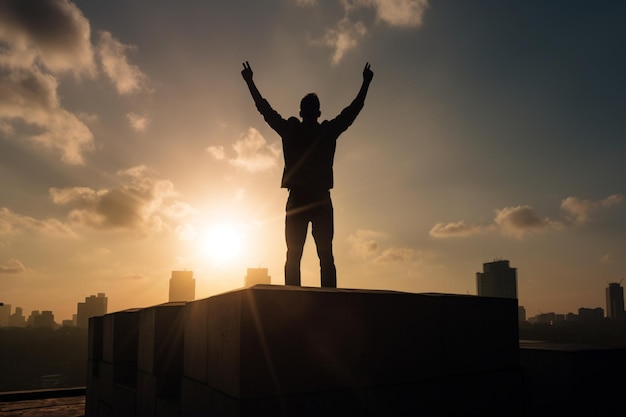 Het silhouet van een persoon die op een dak staat met triomfantelijke armen die succes vertegenwoordigen