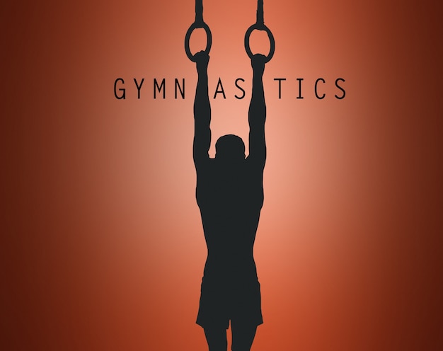 Het silhouet van een sportman die moeilijke oefeningen uitvoert op stationaire ringen, sportgymnastiek