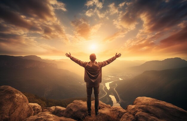 Het silhouet van een toerist die met uitgestrekte armen staat tegen de gouden gloed van de ochtendzon op de bergtop Opstaan om succes te behalen