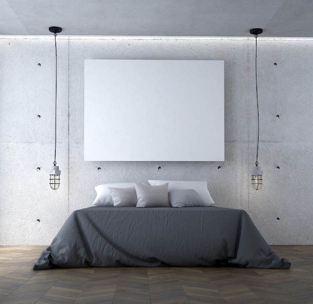 Het slaapkamerinterieur en de meubeldecoratie en de lege betonnen muurpatroonachtergrond