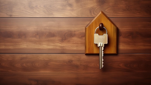 Foto het sleutelgat van de deur is bezet door een sleutel met een charmante huisvormige sleutelhanger