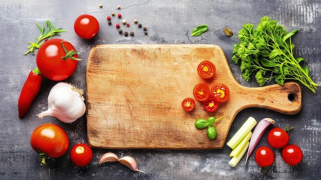 Het snijden van voedsel en ingrediënten eromheen Een overvloed aan smaken klaar om verkend te worden Foto met kopieerruimte