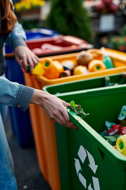 Foto het sorteren van afval in containers selectieve focus