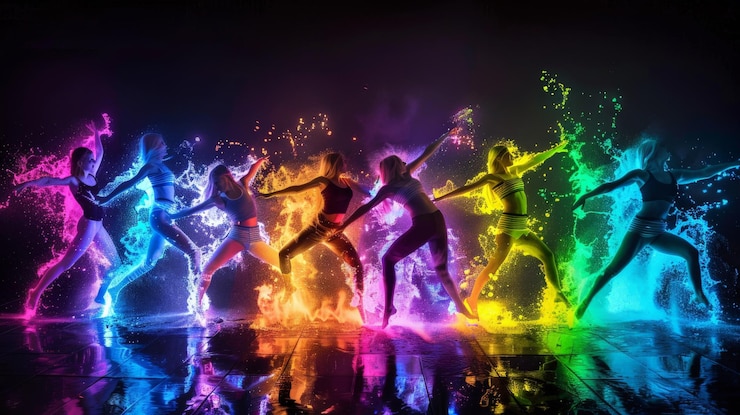 Foto het spectrum wordt gebruikt om een dansstuk te creëren de dans is vol energie en opwinding de kleuren worden gebruikt om een gevoel van ritme en stroom te creëren en de dans is een visueel en auditief spektakel