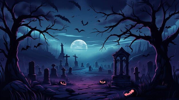 Het spookachtige kerkhof om middernacht 2D cartoon illustratie generatieve ai