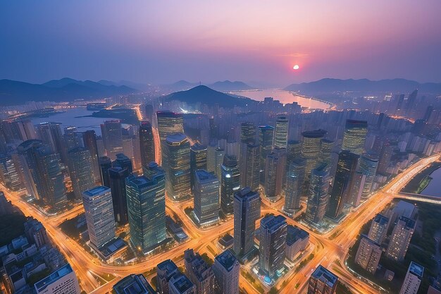 Het stadsbeeld's nachts van Yeouido Seoul bij zonsondergang