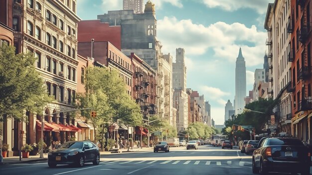 Het stadsleven en het verkeer op Manhattan Avenue