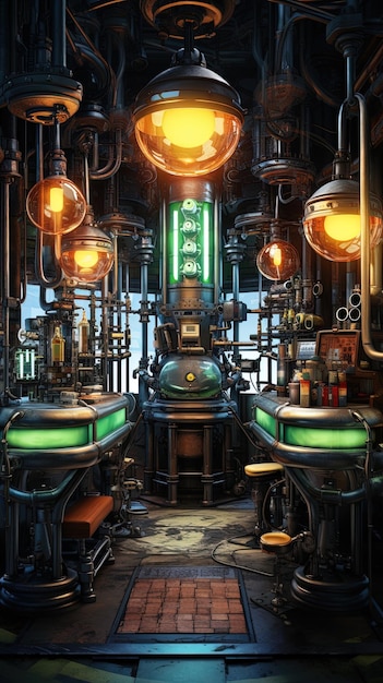 Het steampunk cyberlab beschikt over een palette van grijze en boeiende neon tinten
