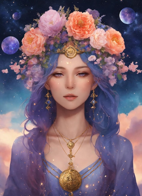 het sterrenbeeld Weegschaal gepersonifieerd als een persoon, bloemkroon, koninklijke kleding, hemelbalancering