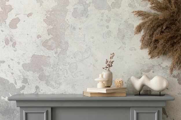 Het stijlvolle woonkamerinterieur met kopieerruimte grijze open haard witte fauteuil betonnen muur en gedroogde bloemen Grijze vloer met beige tapijt Home decor Template