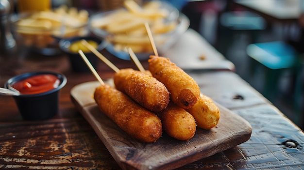 Het straatcafé heeft een corndog op de tafel om zijn status als traditioneel Amerikaans te benadrukken.